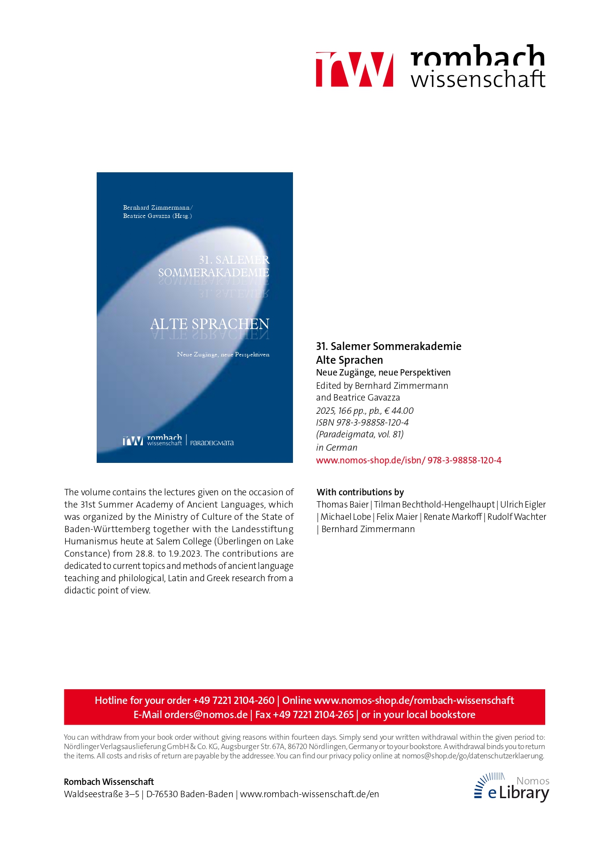 Neue Erscheinung: Alte Sprachen. Neue Zugänge, neue Perspektiven (31. Salemer Sommerakademie)
