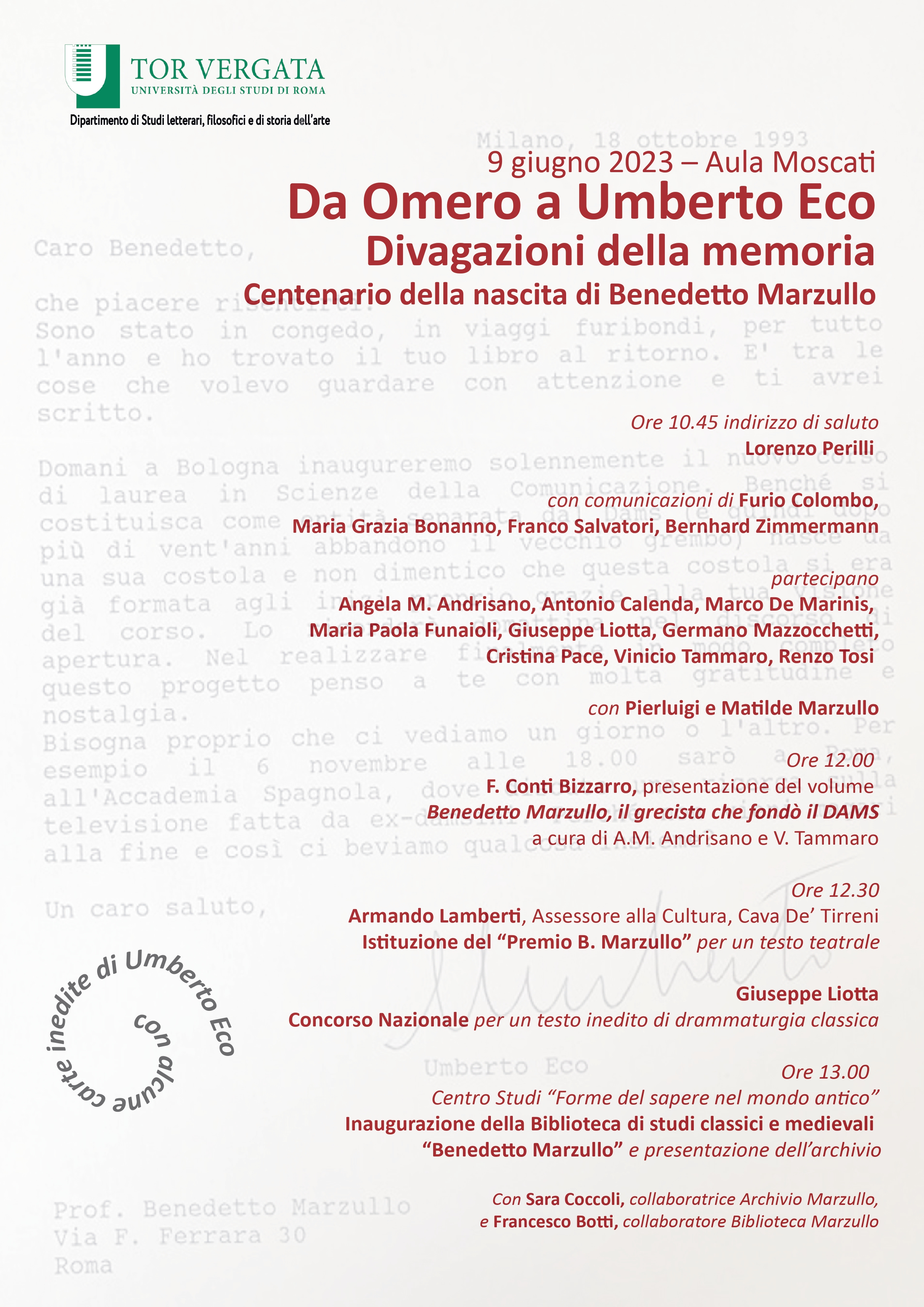 Tagung Da Omero a Umberto Eco, 9.6.2023, 10.45-13h, Roma Tor Vergata