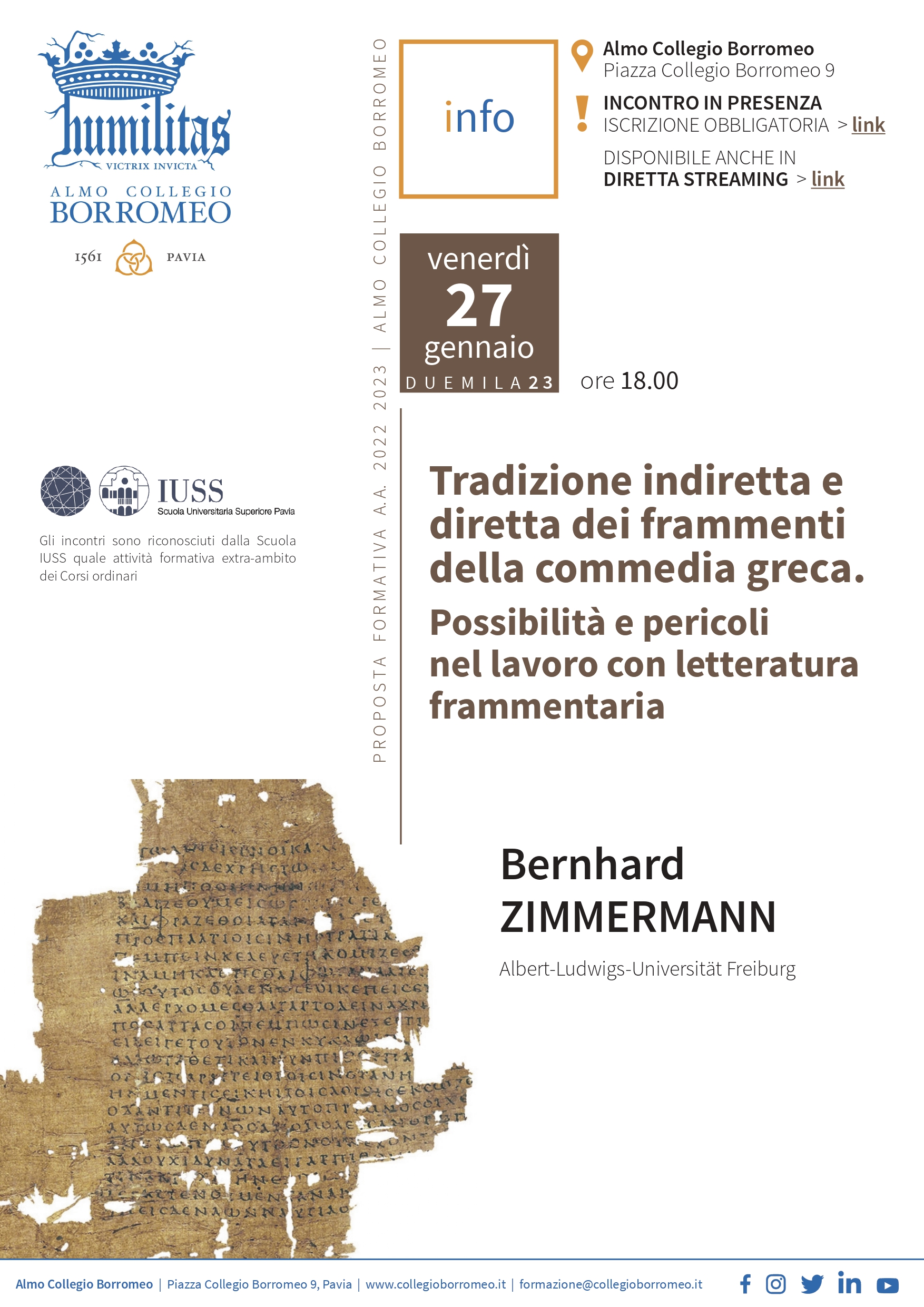 Vorlesung Bernhard Zimmermann, Pavia 27.1.2023, 18h